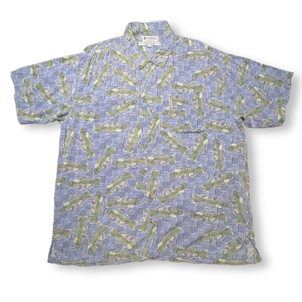 Vintage Columbia Fishing Shirt MENS L Hawaiian Trout Bass Short Sleeve Button